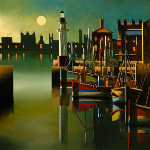 100% Hand-Painted、Original Oil Painting on Canvas、Textured Coastal Harbor Art、Lighthouse Wall Decor
