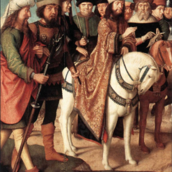 Handmade oil painting reproduction of Roman soldiers and Jewish judges (left wing of the Triptych of the Crucifixion) by Gerard David (c. 1481), hand-painted in Dafen Oil Painting Village.