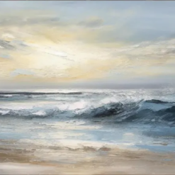 100% handmade panoramic ocean sunset landscape oil painting featuring rolling blue waves and golden atmospheric sky, hand-painted in Dafen Oil Painting Village.