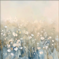 100% handmade modern impressionist white wildflower and daisy meadow oil painting in soft blue, cream, and neutral beige tones, hand-painted in Dafen Oil Painting Village.
