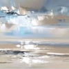 100% handmade modern minimalist abstract seascape oil painting featuring soft sky blue, warm beige tones, and reflective white impasto strokes, hand-painted in Dafen Oil Painting Village.