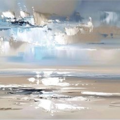 100% handmade modern minimalist abstract seascape oil painting featuring soft sky blue, warm beige tones, and reflective white impasto strokes, hand-painted in Dafen Oil Painting Village.