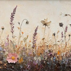 100% handmade panoramic wildflower meadow oil painting featuring heavy impasto textured pink blossoms, lavender stalks, and warm cream background, hand-painted in Dafen Oil Painting Village.