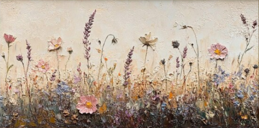 Panoramic Wildflower Meadow Oil Painting – 100% Hand-Painted Soft Pink & Lavender Impasto Canvas Art | Dafen Village Studio