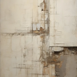 100% handmade wabi-sabi minimalist abstract oil painting featuring relief cracked plaster texture, fine charcoal lines, and earthy cream-grey tones, hand-painted in Dafen Oil Painting Village.