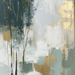 100% handmade modern luxury abstract forest oil painting with deep emerald green, metallic gold leaf accents, and textured grey background, hand-painted in Dafen Oil Painting Village.