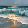 Golden Sunset Ocean Waves Oil Painting – 100% Hand-Painted Turquoise Sea & Sunlight Impasto Canvas Art | Dafen Village Studio 1 100% handmade golden sunset ocean waves oil painting featuring heavy impasto textured turquoise water and shimmering golden sunlight reflections on beach foam, hand-painted in Dafen Oil Painting Village.
