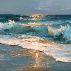 100% handmade golden sunset ocean waves oil painting featuring heavy impasto textured turquoise water and shimmering golden sunlight reflections on beach foam, hand-painted in Dafen Oil Painting Village.