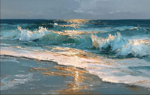 Golden Sunset Ocean Waves Oil Painting – 100% Hand-Painted Turquoise Sea & Sunlight Impasto Canvas Art | Dafen Village Studio