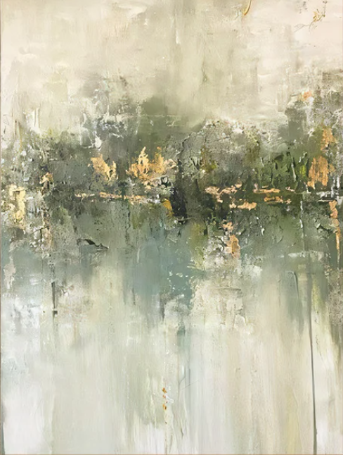 Modern Sage Green & Gold Leaf Abstract Oil Painting – 100% Hand-Painted Natural Landscape Canvas Art | Dafen Village Studio