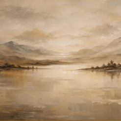 100% handmade vintage misty mountain lake landscape oil painting in warm earth tones, beige fog, and heavy impasto texture, hand-painted in Dafen Oil Painting Village.