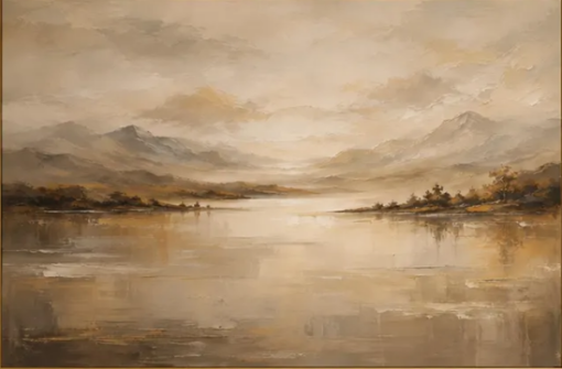 Vintage Misty Mountain Lake Oil Painting – 100% Hand-Painted Earth Tone Landscape Canvas Art | Dafen Village Studio