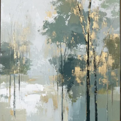 100% handmade modern luxury abstract birch forest oil painting featuring sage green canopy, slender tree trunks, metallic gold leaf accents, and heavy impasto texture, hand-painted in Dafen Oil Painting Village.