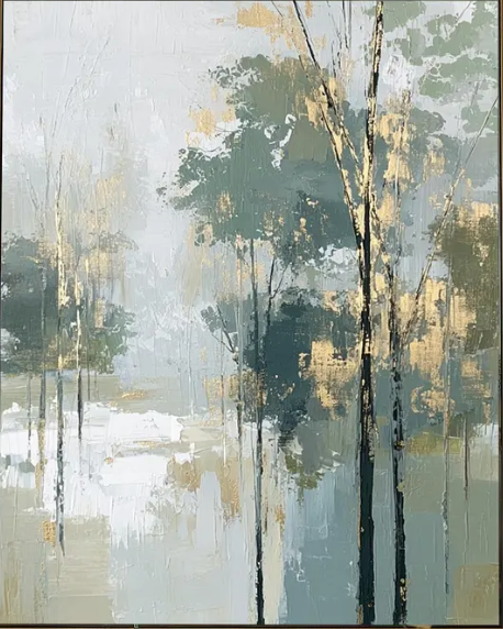 Modern Luxury Abstract Birch Forest Oil Painting – 100% Hand-Painted Sage Green & Gold Leaf Canvas Art | Dafen Village Studio