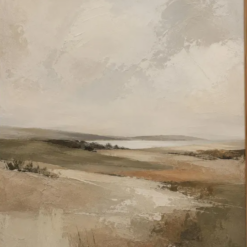 100% handmade minimalist neutral abstract landscape oil painting featuring beige sky, olive rolling hills, warm taupe fields, and heavy palette knife impasto texture, hand-painted in Dafen Oil Painting Village.