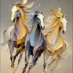 100% handmade modern abstract galloping horses oil painting featuring three running horses in gold, cream, and slate blue palette knife impasto texture, hand-painted in Dafen Oil Painting Village.