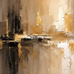 100% handmade modern luxury horizontal abstract oil painting featuring metallic gold leaf, deep charcoal black, warm beige, and bright white palette knife impasto texture, hand-painted in Dafen Oil Painting Village.