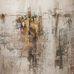 100% handmade modern vintage vertical abstract oil painting featuring metallic gold foil accents, distressed beige, off-white, and dark charcoal grey impasto texture, hand-painted in Dafen Oil Painting Village.