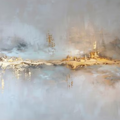 100% handmade modern ethereal horizontal abstract oil painting featuring shimmering metallic gold foil horizon, atmospheric slate grey, silver blue, and white palette knife impasto texture, hand-painted in Dafen Oil Painting Village.