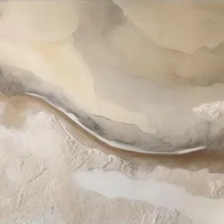 100% handmade organic earth tone horizontal abstract oil painting with fluid river-like contours, beige, ivory, sandy grey tones, and coarse sand texture impasto, hand-painted in Dafen Oil Painting Village.