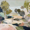 Modern Abstract Collage Landscape Oil Painting – 100% Hand-Painted Forest & Nature Canvas Art | Dafen Village Studio 1 100% handmade modern abstract landscape oil painting featuring collage-style trees, foliage, and rolling hills in sage green, navy blue, dusty pink, and cream, hand-painted in Dafen Oil Painting Village.