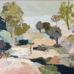100% handmade modern abstract landscape oil painting featuring collage-style trees, foliage, and rolling hills in sage green, navy blue, dusty pink, and cream, hand-painted in Dafen Oil Painting Village.