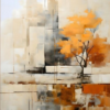 Modern Abstract Autumn Tree & City Architecture Oil Painting – 100% Hand-Painted Vertical Canvas Art | Dafen Village Studio 2 100% handmade modern vertical abstract oil painting featuring a vibrant golden orange autumn tree against geometric architectural city silhouettes in beige, grey, and ochre, hand-painted in Dafen Oil Painting Village.