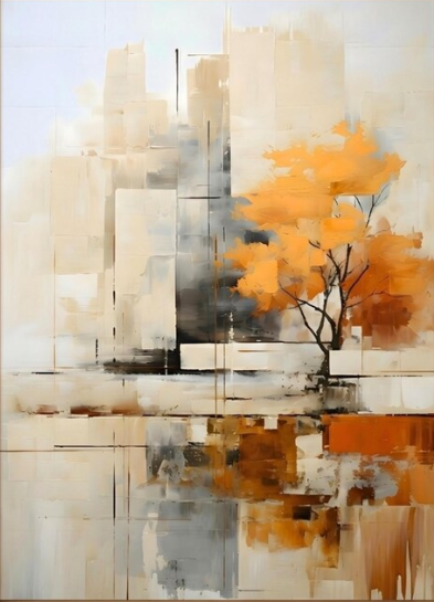 Modern Abstract Autumn Tree & City Architecture Oil Painting – 100% Hand-Painted Vertical Canvas Art | Dafen Village Studio