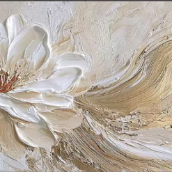 100% handmade modern horizontal 3d thick texture oil painting featuring a blooming white flower with gold leaf accents and fluid texture trails, hand-painted in Dafen Oil Painting Village.