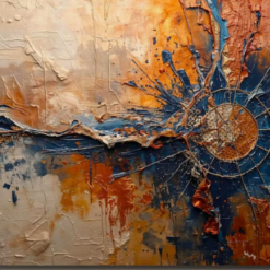 100% handmade modern horizontal abstract oil painting featuring a dramatic radial burst pattern in deep ocean blue, vibrant bronze orange, ochre, and thick metallic impasto, hand-painted in Dafen Oil Painting Village.
