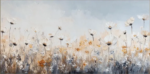 Modern Heavy Texture White Wildflower Meadow Oil Painting – 100% Hand-Painted Horizontal Canvas Art | Dafen Village Studio