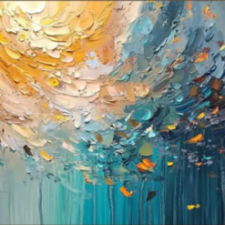 100% handmade modern horizontal thick palette knife oil painting featuring a dramatic golden swirling sunburst merging into deep ocean blue waves, hand-painted in Dafen Oil Painting Village.
