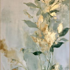 100% handmade modern vertical botanical oil painting featuring elegant sage green leaves and shimmering gold leaf accents on a soft misty background, hand-painted in Dafen Oil Painting Village.