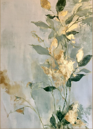 Modern Vertical Sage Green Botanical & Gold Leaf Oil Painting – 100% Hand-Painted Canvas Art | Dafen Village Studio