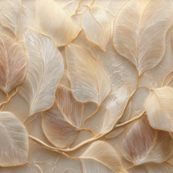 100% handmade modern horizontal 3D heavy texture oil painting featuring sculpted cream and champagne gold leaves with intricate feather-like veins, hand-painted in Dafen Oil Painting Village.