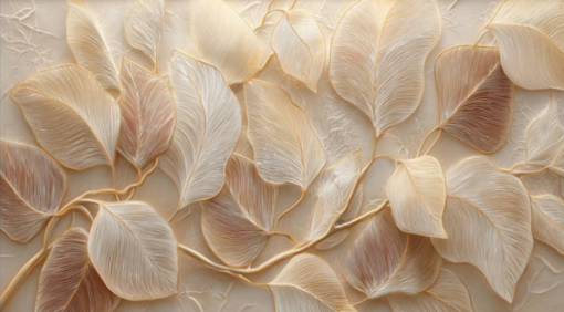 Modern 3D Heavy Texture Cream & Champagne Gold Leaves Oil Painting – 100% Hand-Painted Canvas Art | Dafen Village Studio