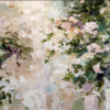 Impressionist French Country Pink Rose Garden Oil Painting – 100% Hand-Painted Heavy Impasto Canvas Art | Dafen Village Studio 2 100% handmade Impressionist horizontal oil painting of a blooming pink rose garden on a warm textured wall backdrop, hand-painted in Dafen Oil Painting Village.