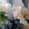 100% handmade modern horizontal 3D heavy texture oil painting featuring blooming abstract flower petals in warm cream, sage green, and moody slate blue, hand-painted in Dafen Oil Painting Village.