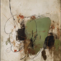 100% handmade modern vertical Wabi-Sabi abstract oil painting featuring moss green, earthy rust, and fluid ink line accents, hand-painted in Dafen Oil Painting Village.