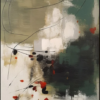 Modern Wabi-Sabi Abstract Sage Green and Red Oil Painting – 100% Hand-Painted Canvas Art | Dafen Village Studio 2 100% handmade modern vertical Wabi-Sabi abstract oil painting featuring deep green, beige tones, fluid black lines, and vivid vermilion red accents, hand-painted in Dafen Oil Painting Village.