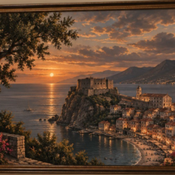 Hand-painted oil painting depicting sunset over Scilla, Castello Ruffo and the Italian coastline on linen canvas
