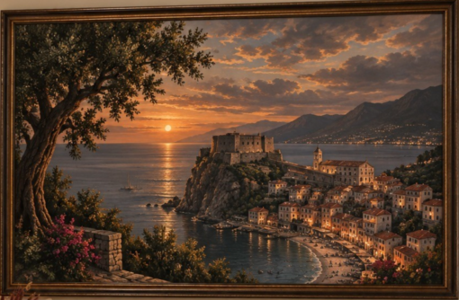 Sunset over Scilla and Castello Ruffo Oil Painting – Hand-Painted Italian Coastal Seascape on Linen Canvas