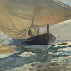 Hand-painted oil painting reproduction of Barcas en la playa Valencia by Joaquín Sorolla from Dafen studio