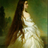 Franz Xaver Winterhalter / Empress Elisabeth of Austria (Sisi) with Diamond Stars (1865) Romantic Portraiture – Hand-Painted Oil Reproduction by Dafen Village Studio 1 Hand-painted oil painting reproduction of Franz Xaver Winterhalter's 1865 portrait of Empress Elisabeth of Austria (Sisi) with diamond stars in her hair.