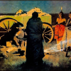 Hand-painted oil reproduction of Frederic Remington's Western painting Shotgun Hospitality on canvas