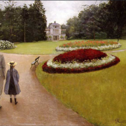 Hand-painted oil painting reproduction of Gustave Caillebotte The Park on the Caillebotte Property at Yerres showing sunlit lawns and trees in a French estate garden