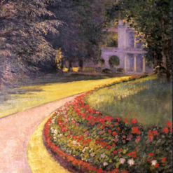 Hand-painted oil painting reproduction of Gustave Caillebotte The Park at Yerres showing towering sunlit trees and green lawns on a French estate
