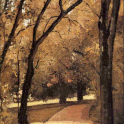 Hand-painted oil painting reproduction of Gustave Caillebotte Yerres Path Through the Old Growth Woods showing a sunlit forest trail through old trees
