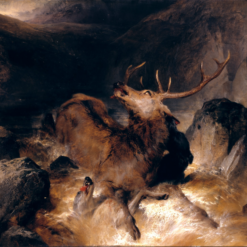 Hand-painted oil reproduction of Edwin Henry Landseer's 1832 painting Deer and Deer Hounds in a Mountain Torrent showing a stag and hounds in a Scottish mountain stream.
