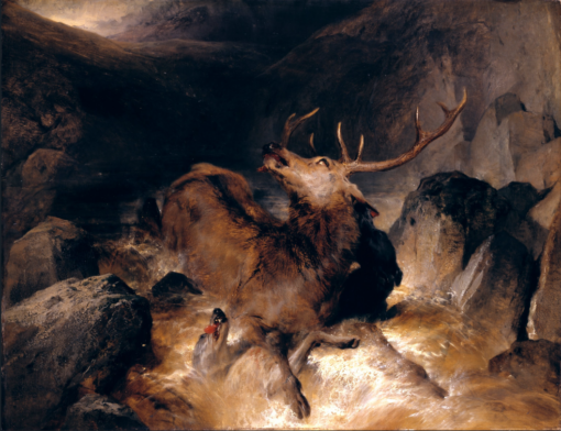 Edwin Henry Landseer – Deer and Deer Hounds in a Mountain Torrent (1832) Romanticism Wildlife Art – Hand-Painted Oil Reproduction by Dafen Village Studio